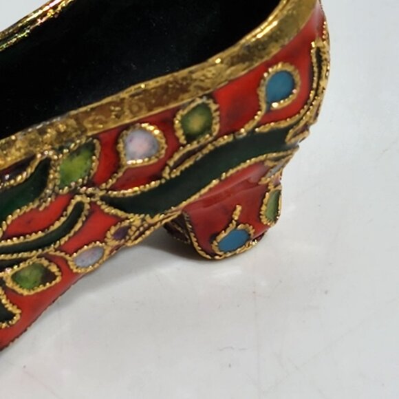 Enameled Cloisonne Miniature Shoe With Floral Design & Gold Detailing - Picture 7 of 10